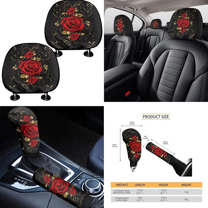 Red Rose Car Seat Covers Full Set for Women with Steering Wheel Cover Seat Belt Cover Pad Cup Car Coasters Trash Can Car Headrest Pillow Covers Armrest Pad,15 Pcs Set