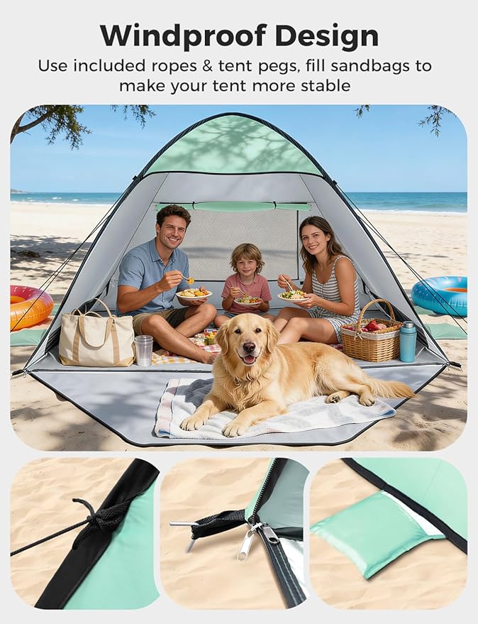 Glymnis Pop Up Beach Tent Beach Shade Tent for 1-4 Persons Sun Shelter UPF 50+ Enclose Zipper Door Portable Easy Up Beach Tent
