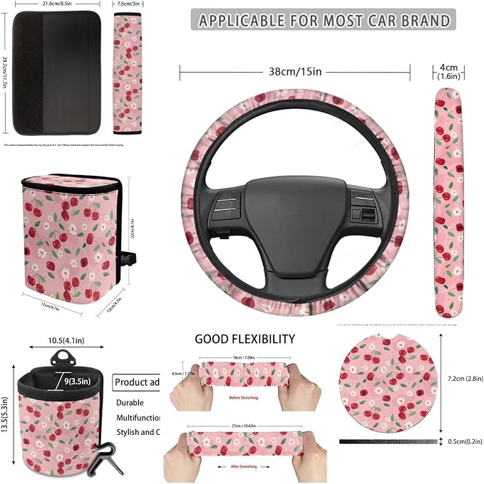 Dreaweet Pink Car Seat Covers Full Set for Women Cute Cherry Car Accessories with Steering Wheel Cover Seatbelt Covers Car Coasters Trash Bag Air Vent Storage Bag Rearview Mirror Cover Keychain,15 Pcs