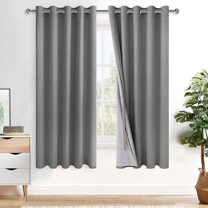 XWZO 100% Blackout Curtains with Tiebacks- Heat and Full Light Blocking Window Panels with Grommets for Bedroom/Nursery, 63 Inches Long Thermal Insulated Draperies, Grey, W60 x L63, Set of 2