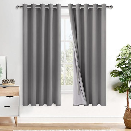 XWZO 100% Blackout Curtains with Tiebacks- Heat and Full Light Blocking Window Panels with Grommets for Bedroom/Nursery, 63 Inches Long Thermal Insulated Draperies, Grey, W60 x L63, Set of 2