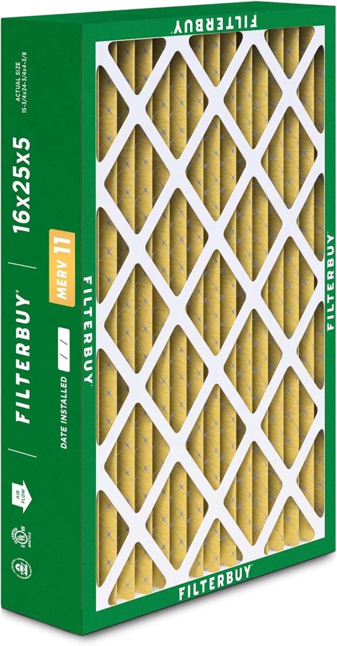 Filterbuy 16x25x5 Air Filter MERV 11 Superior Pet & Allergy Defense (1-Pack), Pleated HVAC AC Furnace Filters for Honeywell FC100A1029, Lennox X6670, and More (Actual Size: 15.75 x 24.75 x 4.38)