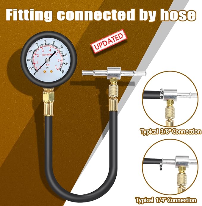 BETOOLL Fuel Pressure Test Kit - Fuel Pressure Gauge - 0-100PSI Fuel Injection Pump Pressure Tester Gauge Kit for Car, Motorcycle, Truck, RV, SUV, ATV