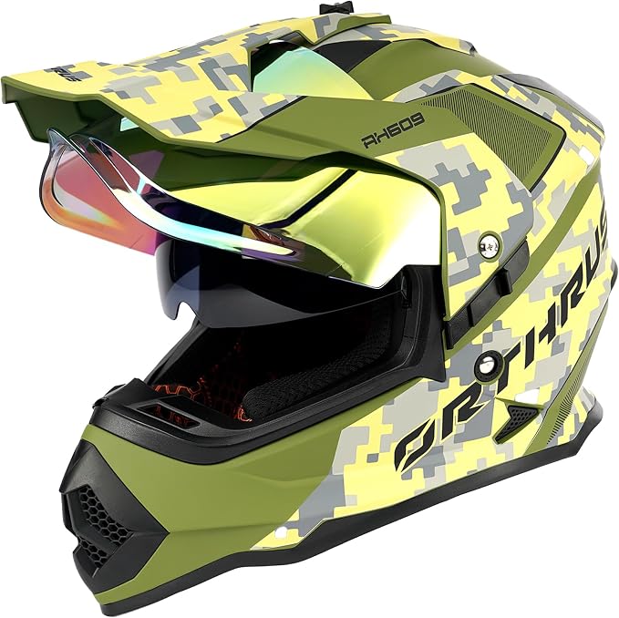 Orthrus Dual Sport Adventure Motorcycle Helmet DOT Certified for Adults, UV Protected Dual Visor & Intercom Slot, ATV UTV Dirt Bike Snowmobile Off Road Helmets