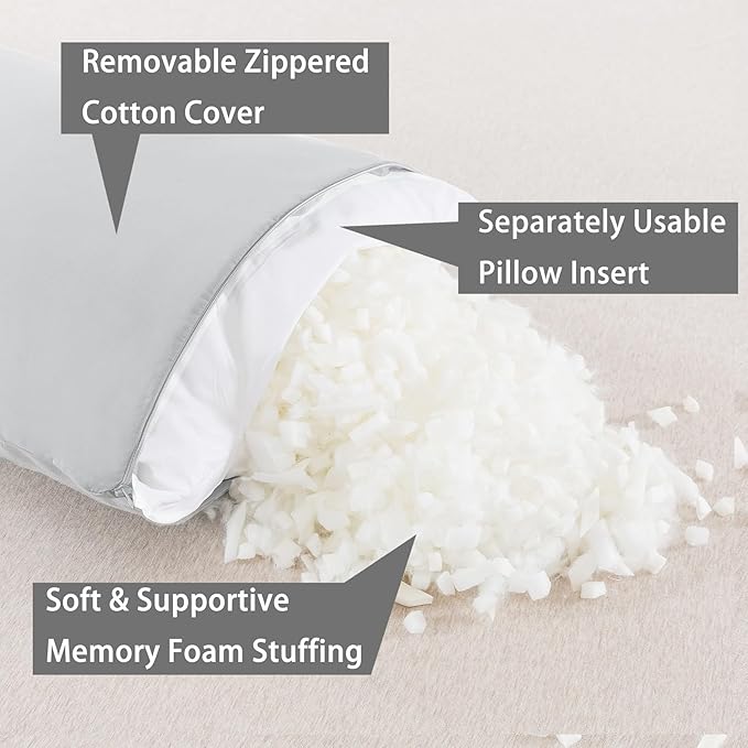 WhatsBedding Memory Foam Body Pillow with Breathable Zippered Cotton Cover, Full Body Pillow for Adults, Long Pillow for Sleeping, Firm Pillow Breathable Fluffy Supportive, Light Gray