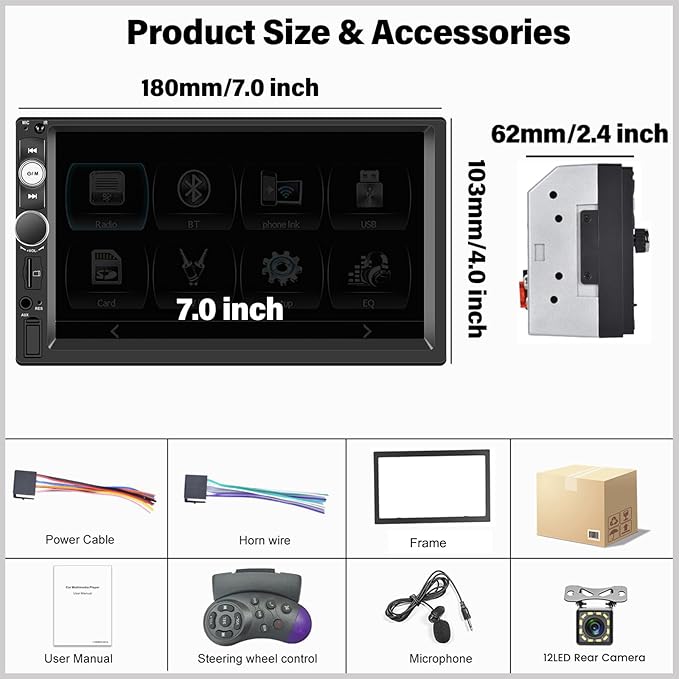 Double Din A-pple CarPlay Car Stereo with Carplay Android Auto,Bluetooth,7" HD Touchscreen 2 Din Car Radio Car Multimedia MP5 Player AUX/USB/TF Card Input Mirror Link,FM,SWC+12 LEDs-Backup Cam Mic USB