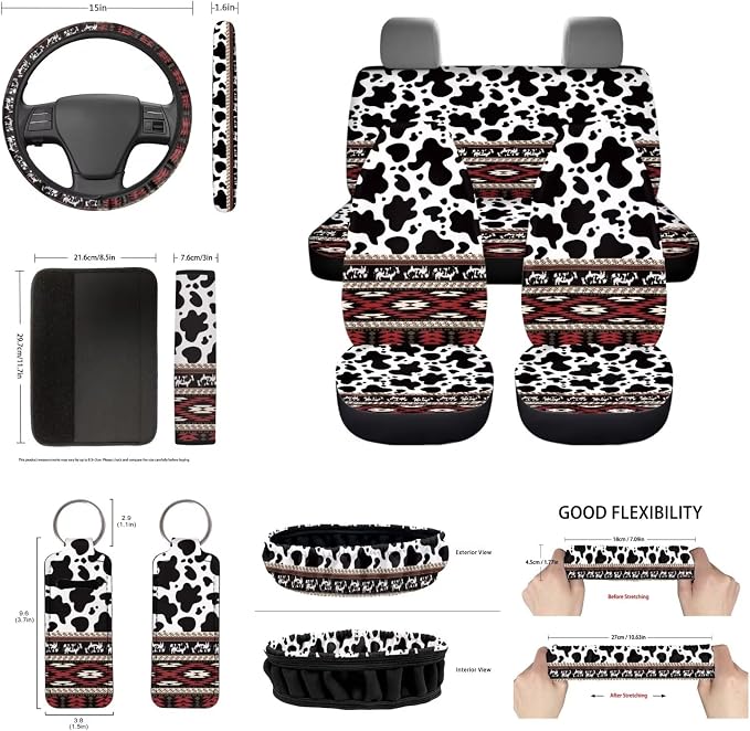 14 Piece Aztec Cow Car Seat Covers Full Set Cow Car Accessory Neoprene Steering Wheel Cover Seatbelt Pads Keychain Vehicle Mirror Accessory Handbreak Gear Shift Cushion for Women Men