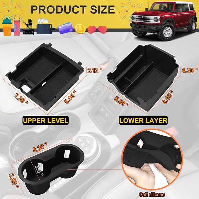Center Console Organizer for 2025 2026 Ford Bronco 4 Door Accessories - Double Layer Armrest Storage Box Compartment & Center Console Cupholder Insert - (Only for Automatic Transmission & 4 Doors)