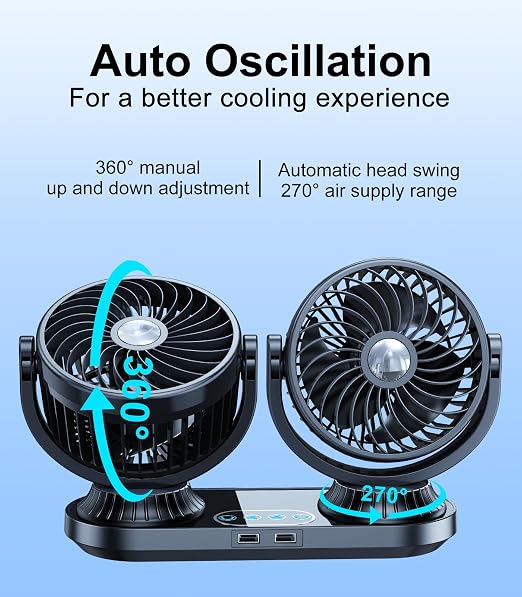 Dual Head Auto Oscillating Car Cooling Fan for Dashboard, DC 12V / 24V Cigarette Lighter Plug Car Fans that Blow Cold Air Cooler for Vehicles Sedan SUV Rv Van Truck Utv Tractor Cab Without AC