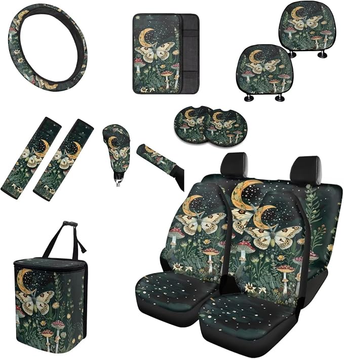 Moon Mushroom Moth Car Seat Covers Full Set for Women Retro Car Accessories Seat Cover with Steering Wheel Cover Seatbelt Pad Coasters Garbage Bag Car Headrest Pillow Covers Armrest Pad