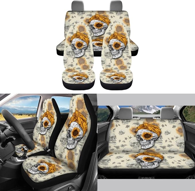 Sunflower Skull Print Soft Comfortable Car Seat Covers, Neoprene Steering Wheel Cover, Seatbelt Pads, Shift Knob and Handbrake Cover, Car Coasters, 11pcs Halloween Decorations