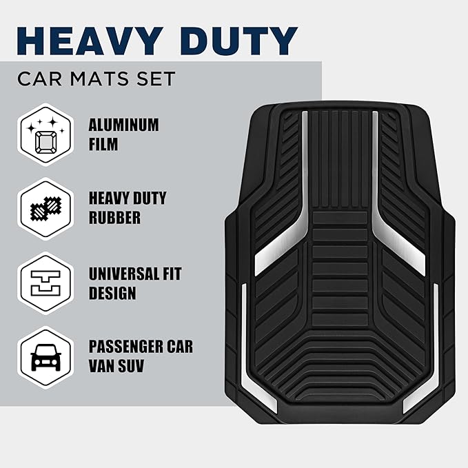 PIC AUTO Heavy Duty Rubber Floor Mats, Silver Aluminum Film Car Mats Set, Front and Rear Car Mats with Anti-Slip Backing, All Weather Protection, Trim-to-Fit for Automotive SUV, Sedan, Van