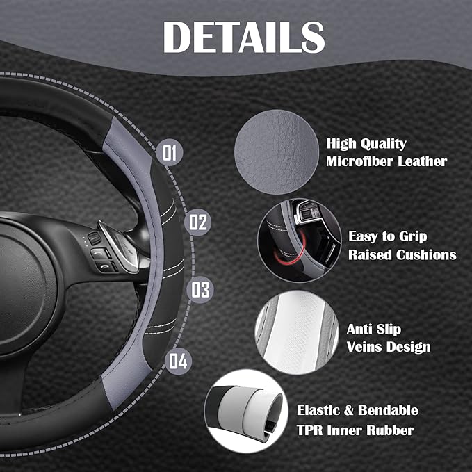 CAR PASS Line Rider Microfiber Leather Sporty Steering Wheel Cover and Sporty Cloth Full Set Car Seat Covers,Fits for 95% Truck,SUV,Cars, Anti-Slip Safety Comfortable Desgin (Black Gray)