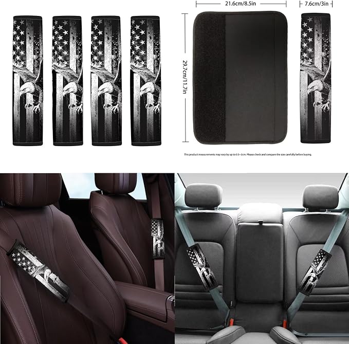 Eagle Print Automotive Seat Covers Full Set of 18 American Flag Print Car Front Rear Seat Covers with Steering Wheel Cover Headrest Protectors Safety Belt Pads Keychain