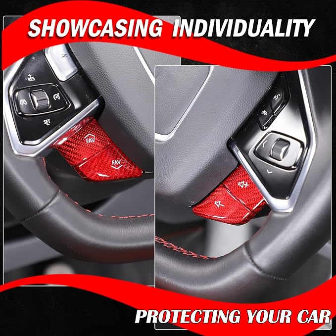 Dry Carbon Fiber Central Control Steering Volume Button Cover Compatible with Corvette C8 2020-2025 Accessories 4Pcs Center Consoles Steering Button Panel Sticker Decorative Interior Trim (Red)