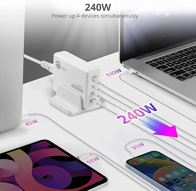 SIIG 240W USB-C 4-Port PD GaN Charger, 3C1A, PD 3.1/ QC 3.0 Fast Charging for MacBook Pro/Air iPad iPhone 14 Plus 13 12 Pro Max Samsung Galaxy Note 20 S22 Pixel and More (AC-PW1X11-S1)