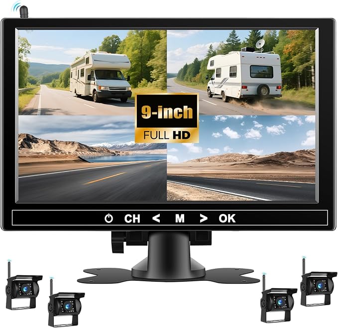 1080P Wireless RV Backup Camera System,9 Inch Reverse Camera Monitor for 4 Channels with IP69 Waterproof Night Vision Backup Camera Front Rear View Camera for Truck/RV/Van/SUV/Pickup