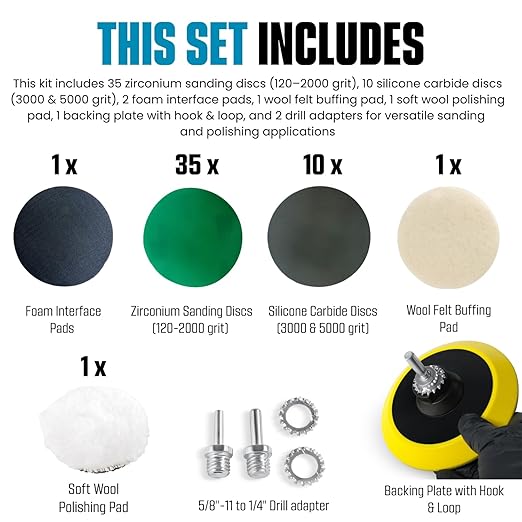 LINE10 Tools Glass Epoxy Resin Plastics Sanding Polishing Kit for Drill or Orbital Sander Polisher or Angle Grinder with Hook and Loop Backing Plate Wool Felt Buffing Pads Green Film Wet Dry Sandpaper