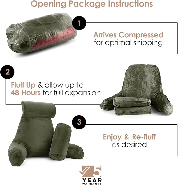 Nestl Reading Pillow with Shredded Memory Foam Includes 2 Neck and Lumber Support Pillows, Designed for Sitting Up in Bed and Couch, Back and Arms Adjustable Support for Adult & Teens, Olive Green