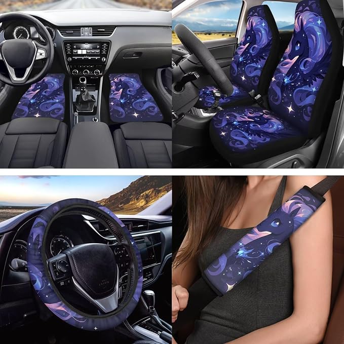 18 Pcs Beautiful Pegasus Car Interior Accessories Set for Women, Car Seat Covers with Steering Wheel Cover Floor Mats Armrest Pad Seat Belt Pads Roof Handle Wraps Cup Coaster Keychain