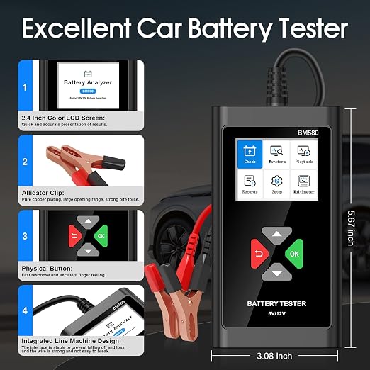 BM560 6V 12V Car Battery Tester, 100-2000 CCA Voltage Tester 2Ah-220Ah Digital Auto Battery Analyzer Internal Resistance Tester Automotive Alternator for Cars/Trucks/Motorcycles/Boats