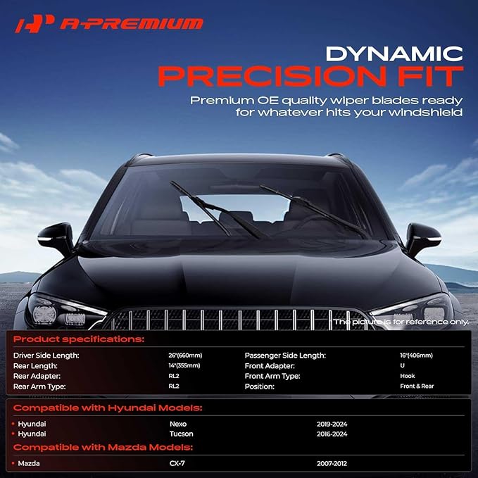 A-Premium 26"+16"+14" Windshield Wiper Blades Compatible with Hyundai Tucson, Nexo & Mazda CX-7 - Front Rear Wipers Blade Set for Hook/RL2 Arm Connector, with Wear Indicator & Towel (Pack of 3)