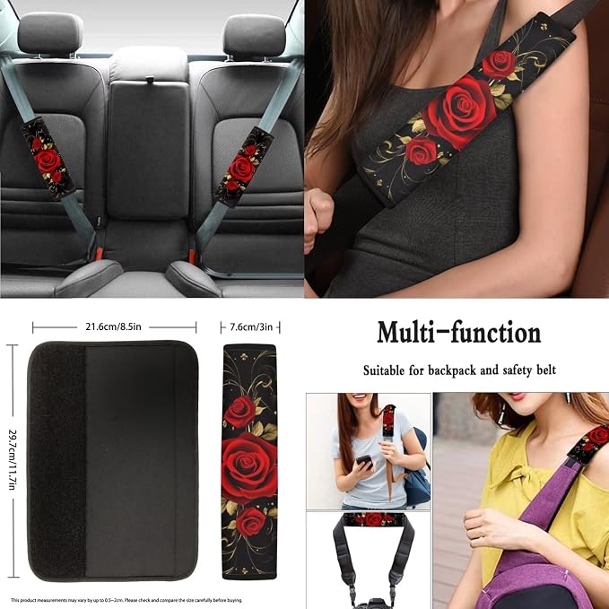 8 Pcs Red Rose Car Seat Covers Full Set Car Accessories for Women Front Seat Cover Steering Wheel Armrest Cover Seat Belt Cover for Auto SUV Interior Decoration