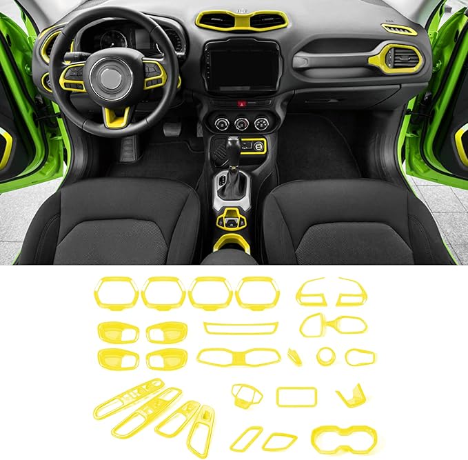 CheroCar 31 PCS Full Set Interior Decoration Trim Kit Steering Button Cover Door Handle Cover Air Outlet Cover Cup Holder Gear Cover Trim Door Speaker Cover for Jeep Renegade 2016-2018,Yellow…