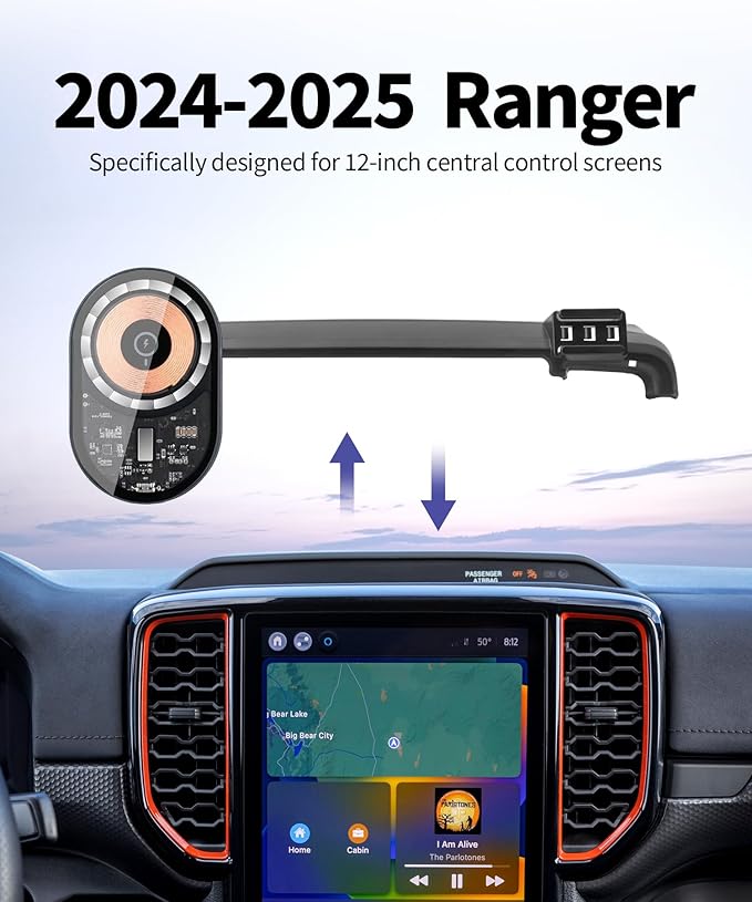 Wireless Charging Car Phone Holder for Ford Ranger 2024-2025, 12" Screen Fixed Clip, 360° Rotation Car Phone Mount Compatible with MagSafe