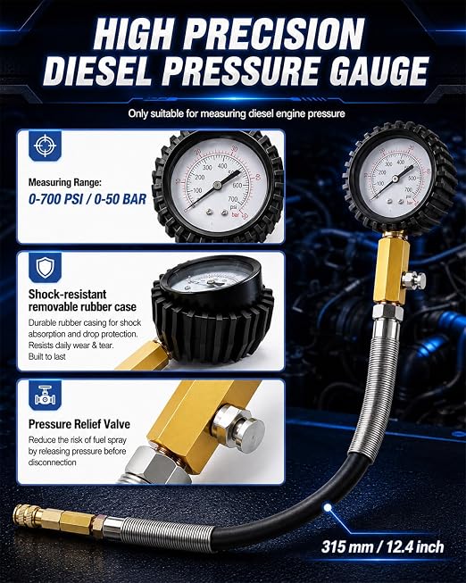47PCS Compression and Leakage Tester Kit for Diesel & Petrol, Dual Gauge Compression & Leak Down Test, 0-700 PSI / 0-50 Bar, Compression Cylinder Leakdown Test Kit for HDI, TDCi, Pumpe Duse