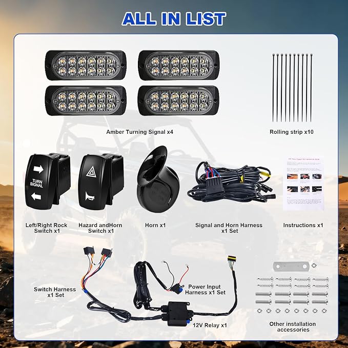 UTV Turn Signal Kit with 2 Rocker Switch and Dual Row 12 LED Beads Amber Light