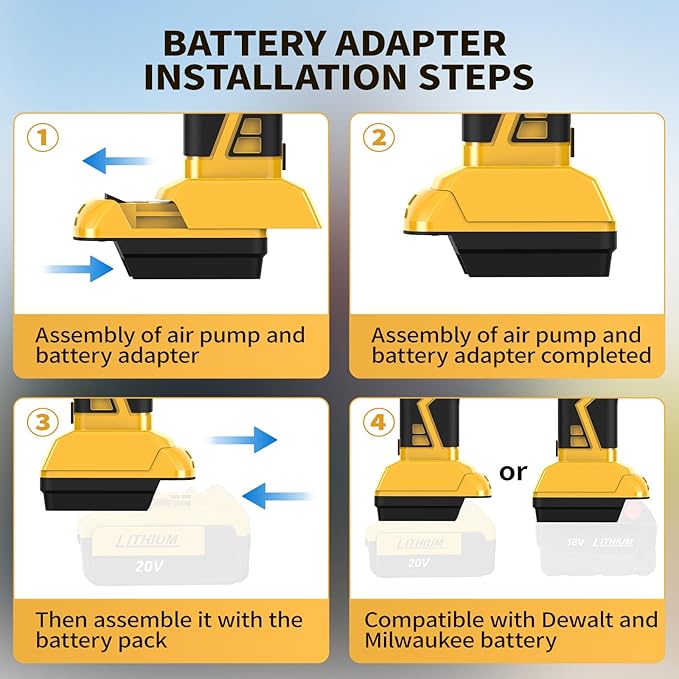 Upgraded Cordless Tire Inflator Portable Air Compressor - Adapter Compatible with DeWalt 20V Battery, With Rechargeable Battery, 160 PSI 4X Fast Air Pump, Dual Power Modes for Car, Motorcycle, E-Bike