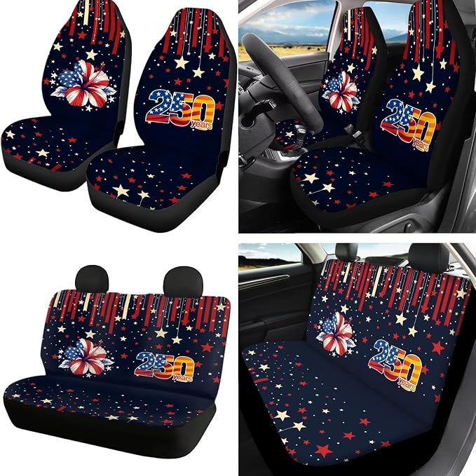 Hibiscus Print Car Seat Cover Full Set 250 Years Theme Bucket Seat Covers for Car Front Back Seats with Headrest Covers Steering Wheel Cover Safety Belt Pads Cup Coasters