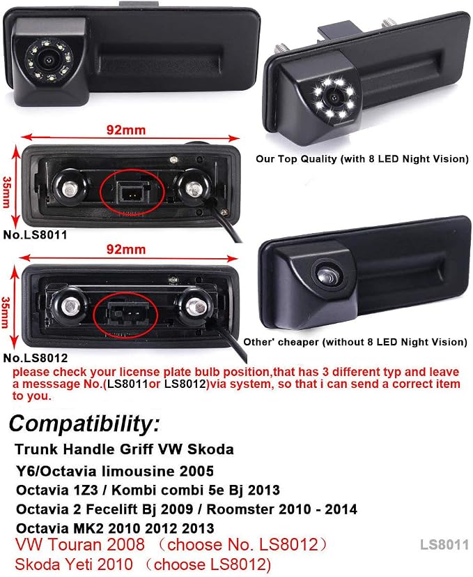 8 LEDs Night Vision Trunk Waterproof Backup Camera for VW Skoda/Superb Combi/Yeti/Fabia Y6/Octavia Limousine 2005/Audi A1/Octavia 1Z3/Kombi Combi 5e/Octavia 2 Fecelift Bj 2009/Roomster