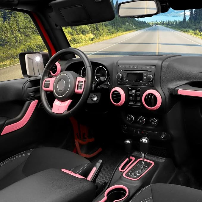 CheroCar 18PCS Interior Trim Kit for Jeep Wrangler JK JKU 2011-2018 4 Door,Steering Button Frame, Air Conditioning Vent Trim Cup Holder Cover,Gear Shift Knobs Frame,Pink…