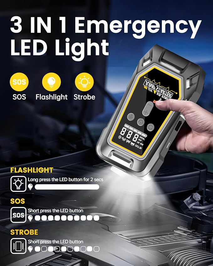 Jump Starter with Air Compressor,Portable Car Battery Booster (8.0 Gas/6.5L Diesel) with 150PSI Auto-Shutoff Tire Inflator,12V Supersafe Lithium Jump Box Car Battery Jumper Starter with LCD Display