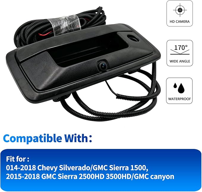 Rear View Backup Tailgate Handle Camera Compatible with 2014-2018 Chevy Silverado GMC Sierra 1500 2015-2018 Sierra 2500HD 3500HD Canyon Tailgate Door Handle Replacement Camera