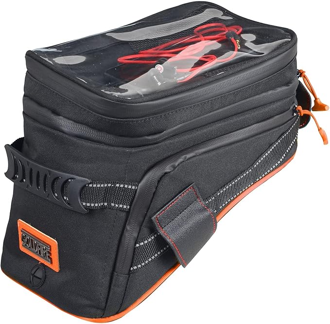 Motorcycle Tank Bag w/Strap Storage Bag Compatible with Honda Yamaha Suzuki Kawasaki Harley Water Resistant (Orange Piping)