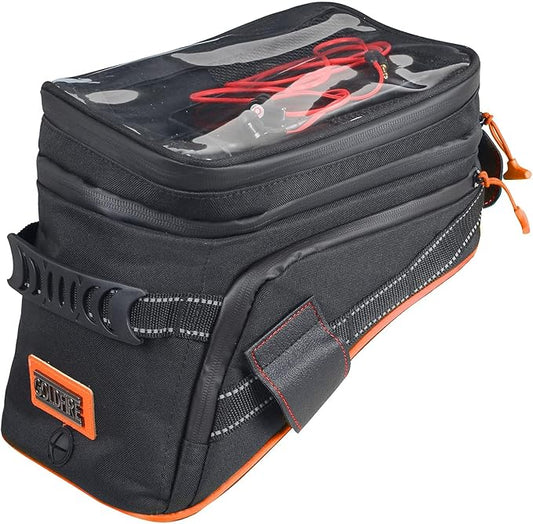 Motorcycle Tank Bag w/Strap Storage Bag Compatible with Honda Yamaha Suzuki Kawasaki Harley Water Resistant (Orange Piping)