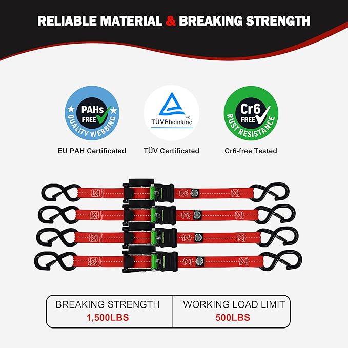 Retractable Ratchet Straps(4PK 1.0INX12FT) - 1,500lb Break Strength, Ratchet Strap Heavy Duty with Rubber Coated Handle, Perfect Auto Ratchet Straps for Motorcycle,Trucks (Red)