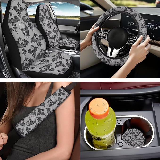 Bulopur Gothic Skull Bat Print Car Seat Covers Front and Backseat with Steering Wheel Cover Vehicle Armrest Cover Seat Headrest Covers Keychain Auto Interior Accessories Set 14 Pieces
