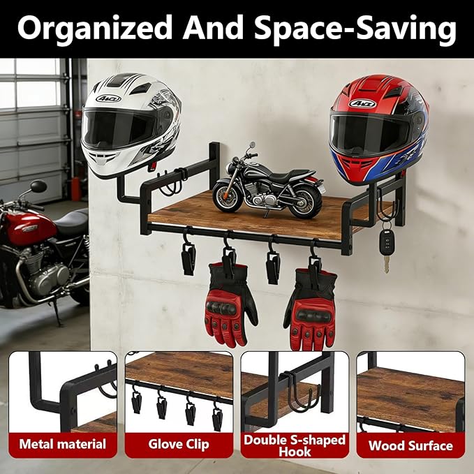 Helmet Rack Wall Mount,Solid Wood Motorcycle Helmet Rack with 4 Hooks & 4 Clips,Universal Wall Mount for Helmets, Gear, Clothes,Motorcycle Accessories