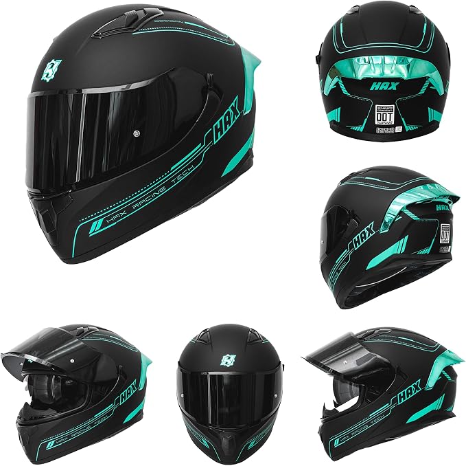 HAX Obsidian Full Face Dual Visor Adult Motorcycle Helmet for Motorbike Street Bike with Pinlock Ready DOT Approved Matte Black Aqua M