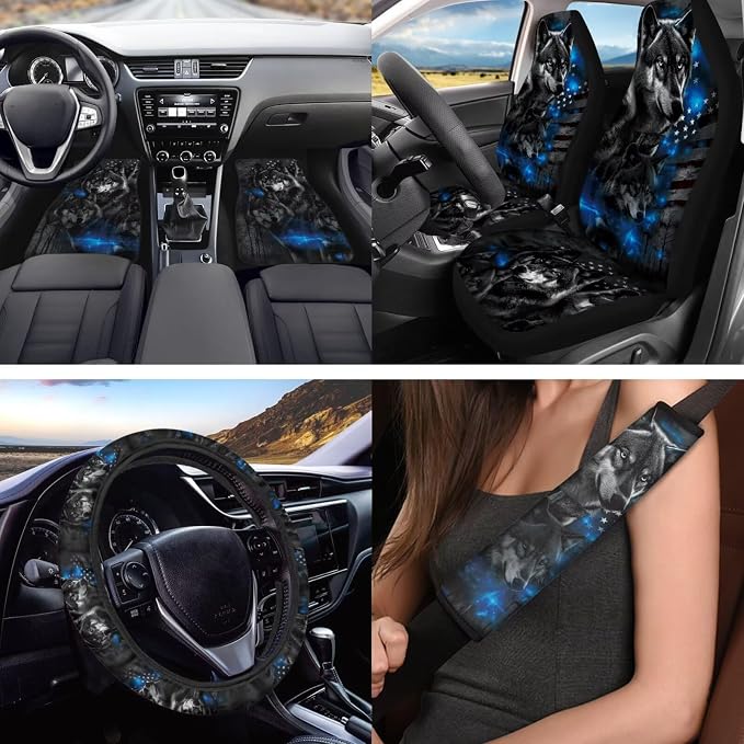 18 Pcs US Flag Gray Wolf Print Car Interior Accessories Set, Car Seat Covers Full Set with Auto Floor Mats Steering Wheel Cover Armrest Pad Handle Wraps Seat Belt Pads Cup Coaster Keychains