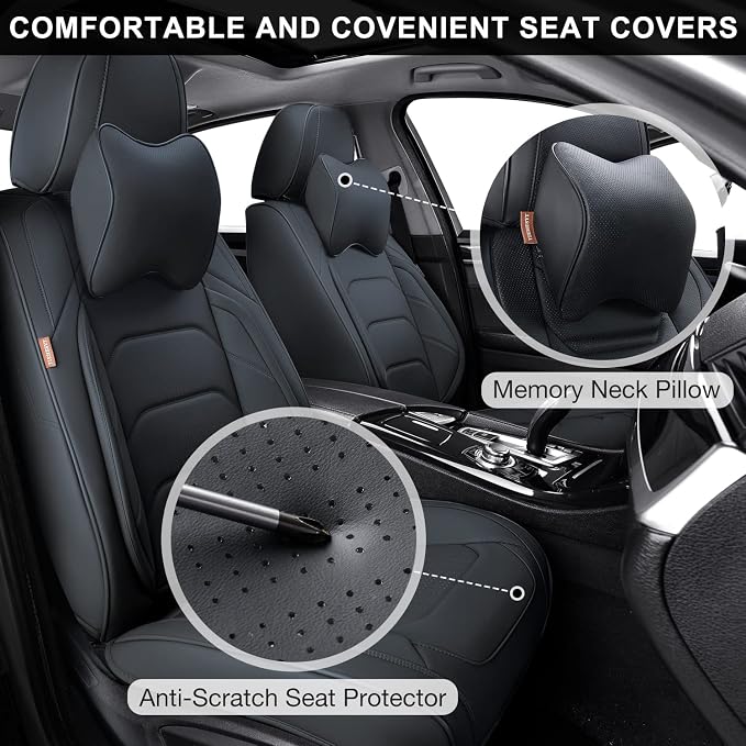 TIEHESYT Black Car Seat Covers Full Set, Breathable Leather Automotive Front and Rear Seat Covers & Headrest for Comfortable Driving, Universal Auto Interior Fit for Most Kinds of Vehicles, Cars