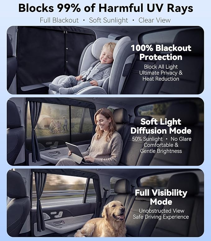 Nmoiss [2026 Upgraded] Car Window Shades for Baby Double Layer [Ice Crystal Cooling] (2 Pack) 99% UV-Blocker Protection Side Window Curtains Roll Windows Down Privacy Full Covers/Half Shade Options