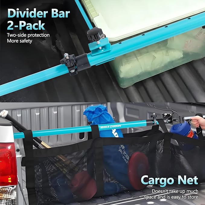 Adjustable Cargo Bar, Truck Bed Divider from 40 to 78.7 in with 200LB Bearing Capacity, Cargo Bar for Pickup, Truck Bed Organizer Cargo Bars for SUV, Trailer, Van, Come with 2 Divider, 1 Cargo Net