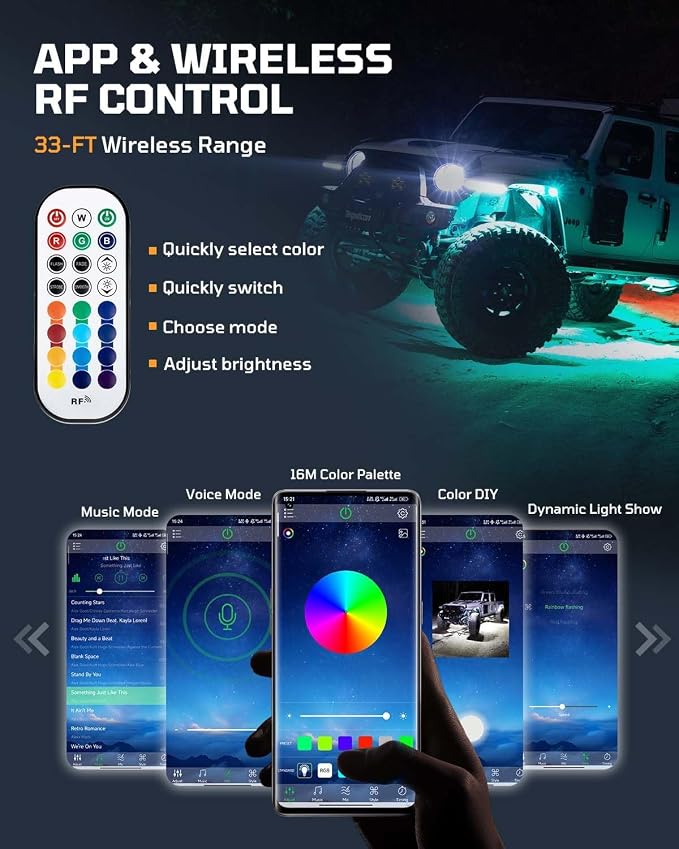RGB Rock Lights for Trucks Jeep, 12 Pods with APP & RF Control, Pure White & 16M Colors, 20+ Dynamic Modes, Music & Voice Sync, IP67 Waterproof, Includes 6x6.7ft Extension Wires