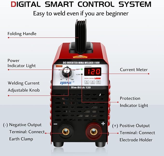 HONE Stick Welder 110V, Actual 120Amp Smart Hot Start Arc Force Anti-Stick Mini Portable Welding Machine, Digital IGBT Inverter LCD Display ARC Welder, High Efficiency for Welding Rod 1/16-1/8-Inch