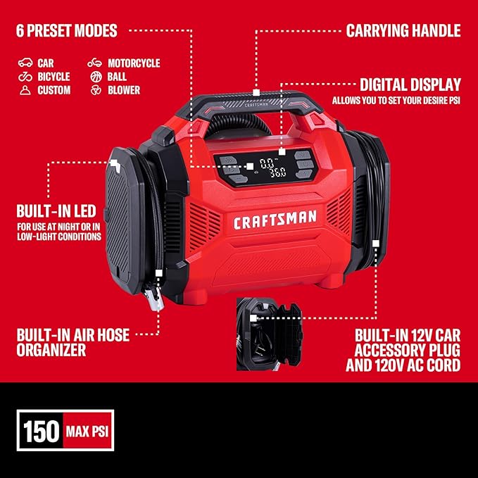 CRAFTSMAN Dual Power Tire Inflator with Digital Gauge & Auto Shut-Off | 12V DC Car Plug and 120V AC Home Use with Up to 150 PSI, LED Light, Portable Air Pump for Car Tires, Bikes and Inflatables